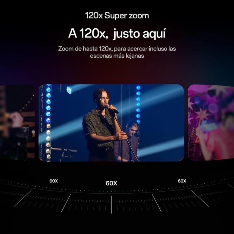 Oppo Find X9 5G 16GB/512GB Cinzento Titânio com super zoom 120x; mostra palco com cantor em destaque e cenas ampliadas em 60x e 120x