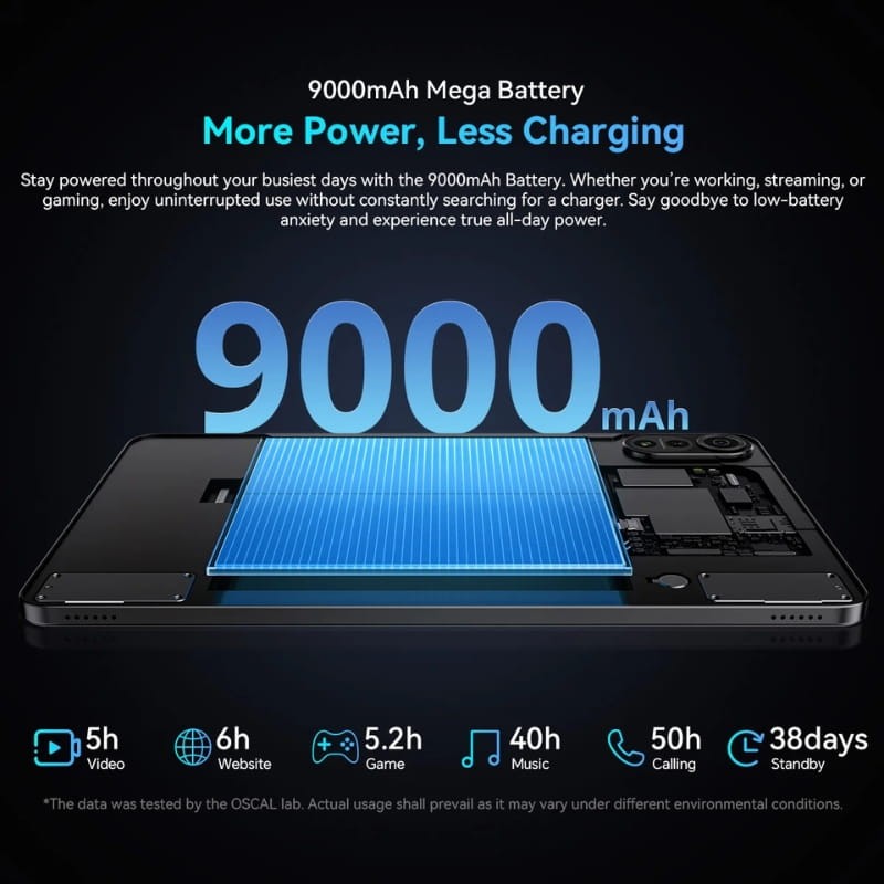 Oscal Pad 100 12 polegadas 8GB/256GB WiFi+4G Cinzento - capacidade da bateria