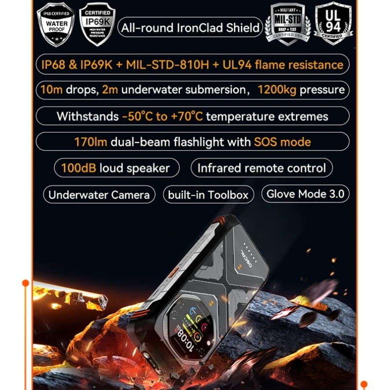 Oscal Tank 1 5G 12GB/256GB Preto Rugged - resistência de nível militar