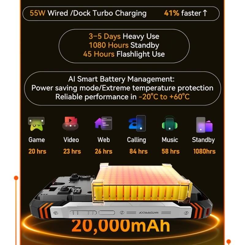 Oscal Tank 1 5G 12GB/256GB Preto Rugged - capacidade da bateria