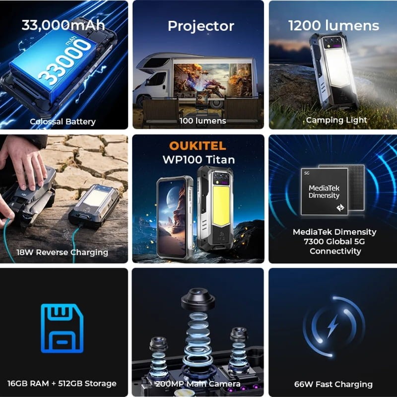Oukitel WP100 Titan 5G 16Go/512Go avec Projecteur - principales fonctions