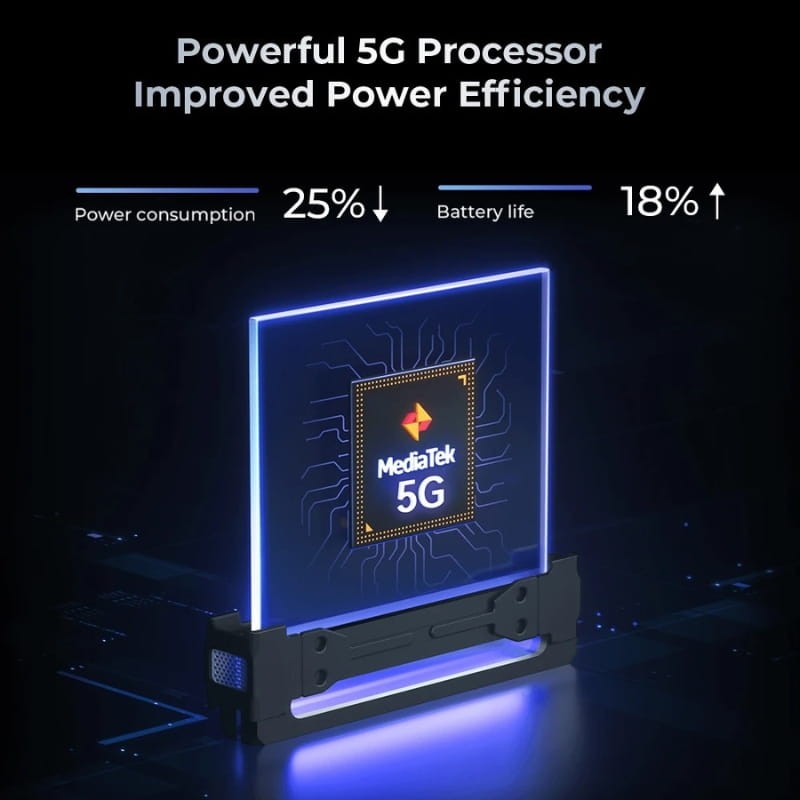 Chip MediaTek 5G con eficiencia mejorada: 25% menos consumo y 18% más batería, placa iluminada azul con circuito y flechas indicando mejoras