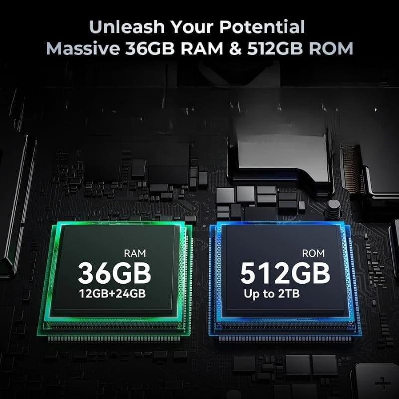 Oukitel WP35 Pro 12GB/512GB Verde: imagen destaca chips con 36GB RAM combinada y 512GB ROM ampliable hasta 2TB, módulos iluminados en verde y azul sobre placa