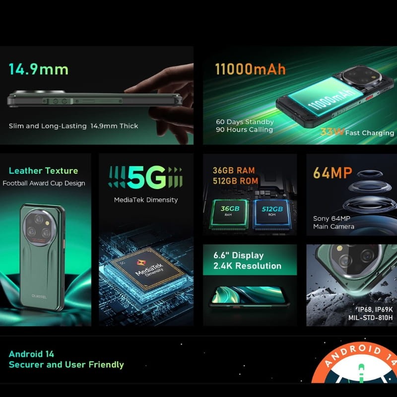 Oukitel WP39 Pro 5G 12Go/512Go Vert - principales fonctions