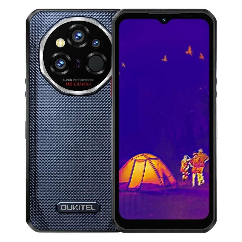 Oukitel WP55 Ultra 5G gris robuste, dos texturé, module photo circulaire multi-capteurs, écran avec vue thermique affichant tente et silhouettes nocturnes