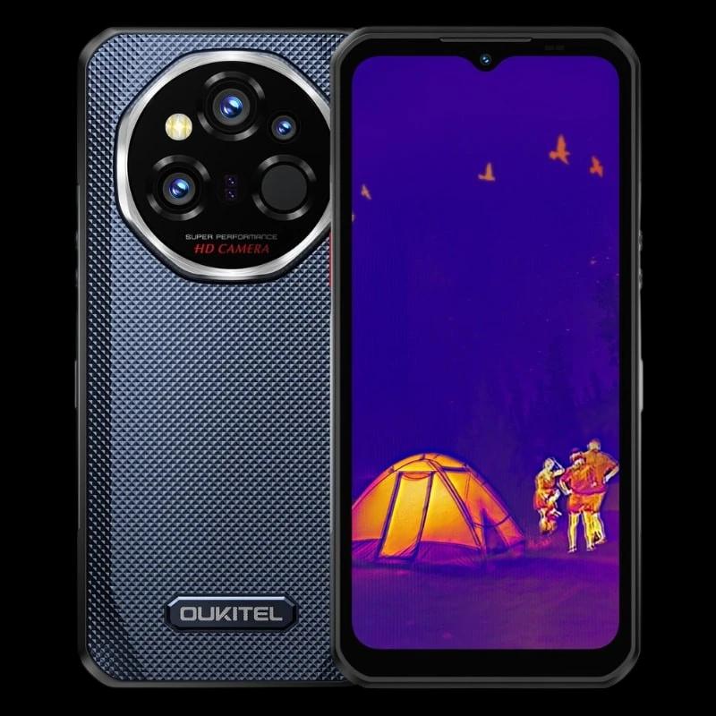 Oukitel WP55 Ultra 5G gris robuste, dos texturé, module photo circulaire multi-capteurs, écran avec vue thermique affichant tente et silhouettes nocturnes