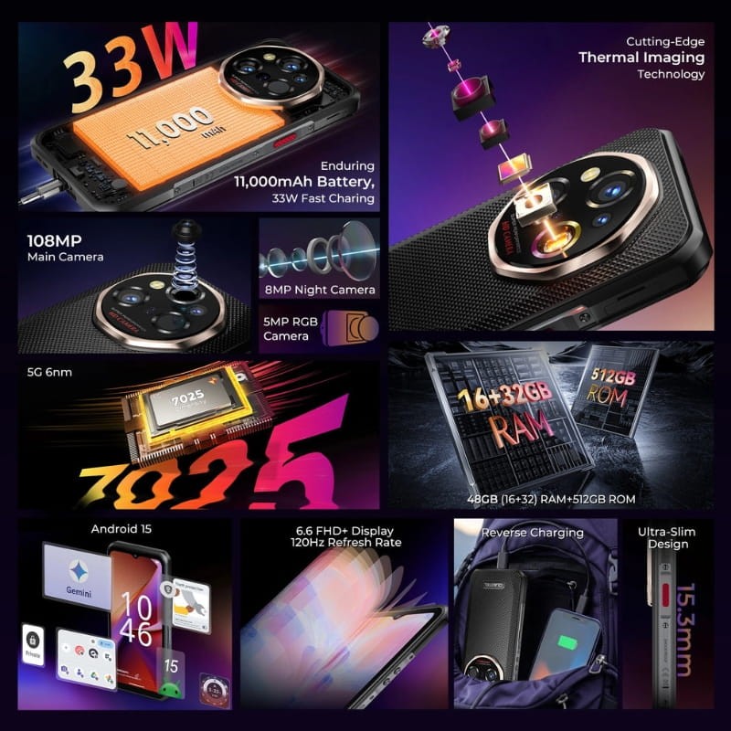 Oukitel WP55 Ultra 5G gris robuste avec triple certification, écran 6,6 FHD+ 120 Hz, caméra 108 MP, vision thermique, batterie 11000 mAh et charge 33 W