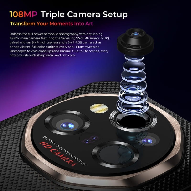 Module photo du Oukitel WP55 Ultra 5G gris avec capteur 108 MP, triple caméra, optiques superposées, anneau doré et finition texturée antidérapante