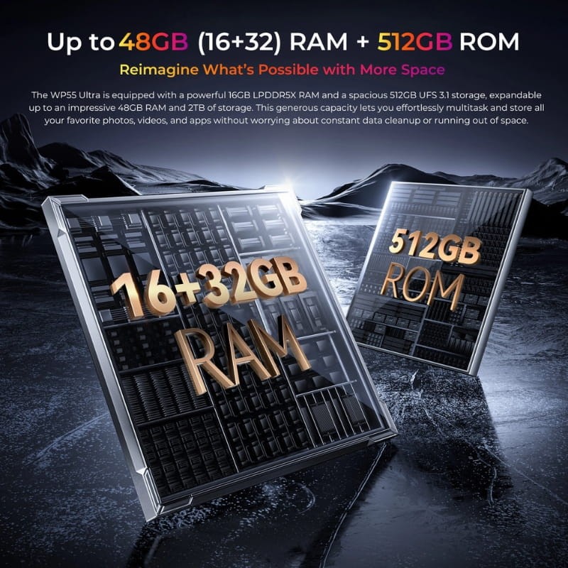 Oukitel WP55 Ultra 5G gris avec blocs métalliques affichant 16+32 Go RAM et 512 Go ROM, textures industrielles sombres, style robuste et hautes performances