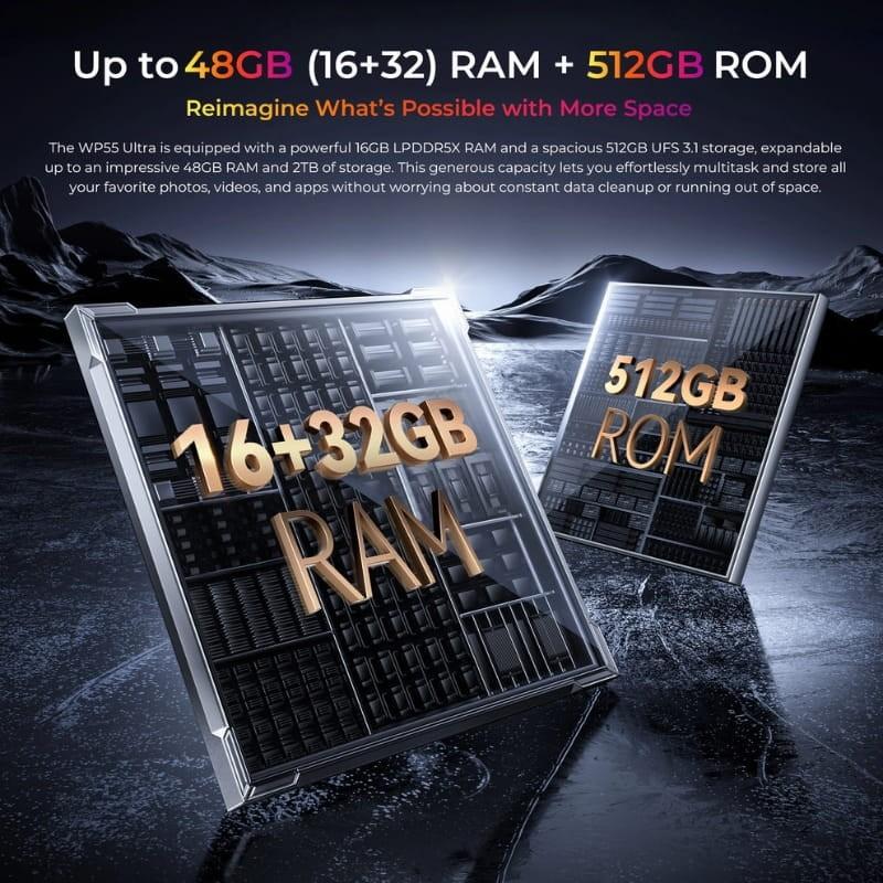 Oukitel WP55 Ultra 5G gris avec blocs métalliques affichant 16+32 Go RAM et 512 Go ROM, textures industrielles sombres, style robuste et hautes performances