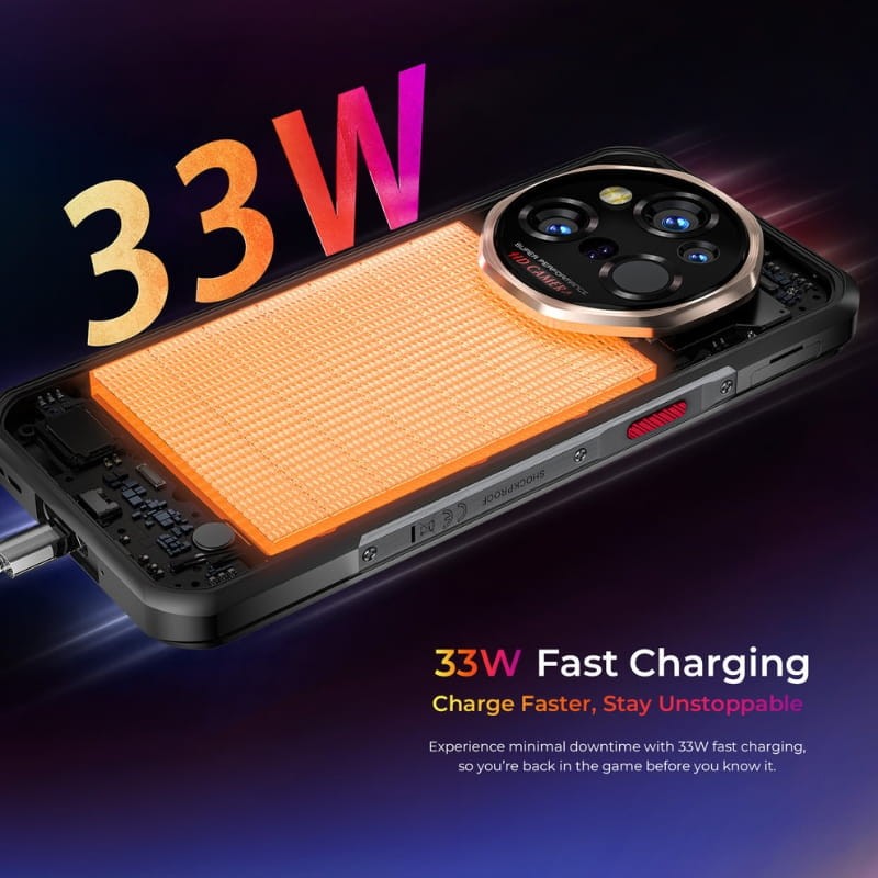 Oukitel WP55 Ultra 5G gris avec charge rapide 33W, module caméra circulaire triple capteur, dos transparent technique, bouton rouge latéral robuste