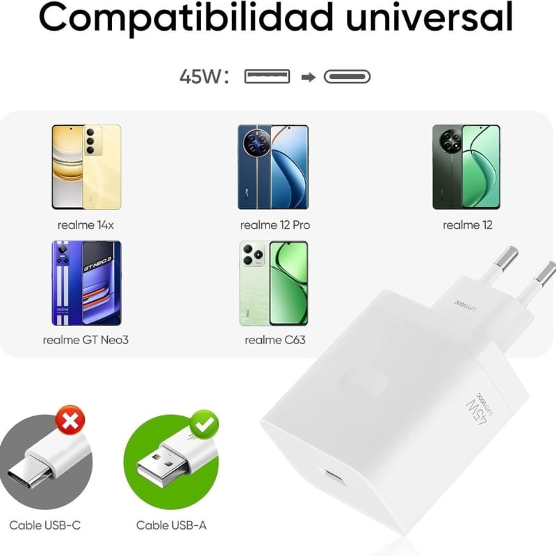 Realme SUPERVOOC 45W USB-A Blanco - compatibilidad universal