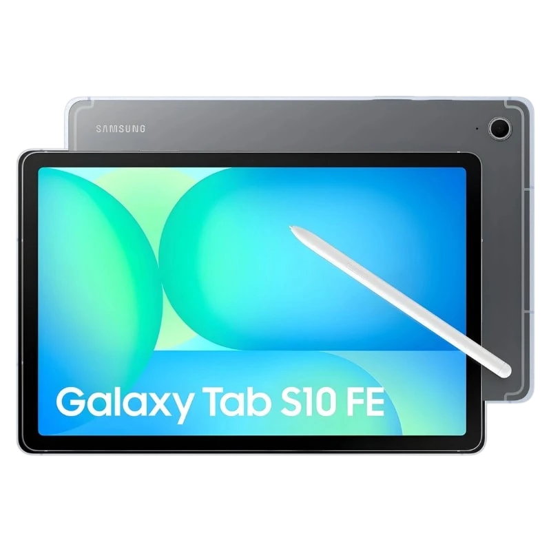 Samsung Galaxy Tab S10 FE 10,9 pulgadas en gris con pantalla amplia, marcos delgados y S Pen blanco; diseño elegante, cámara trasera única y acabado mate