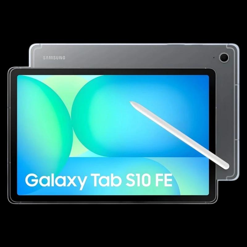 Samsung Galaxy Tab S10 FE 10,9 pulgadas en gris con pantalla amplia, marcos delgados y S Pen blanco; diseño elegante, cámara trasera única y acabado mate