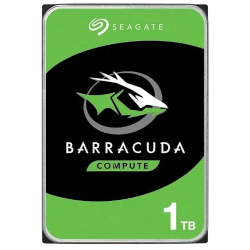 HDD Seagate Barracuda 1TB SATA3 2,5 pouces, étiquette verte et noire Barracuda Compute, logo poisson, marquage capacité 1TB en bas à droite