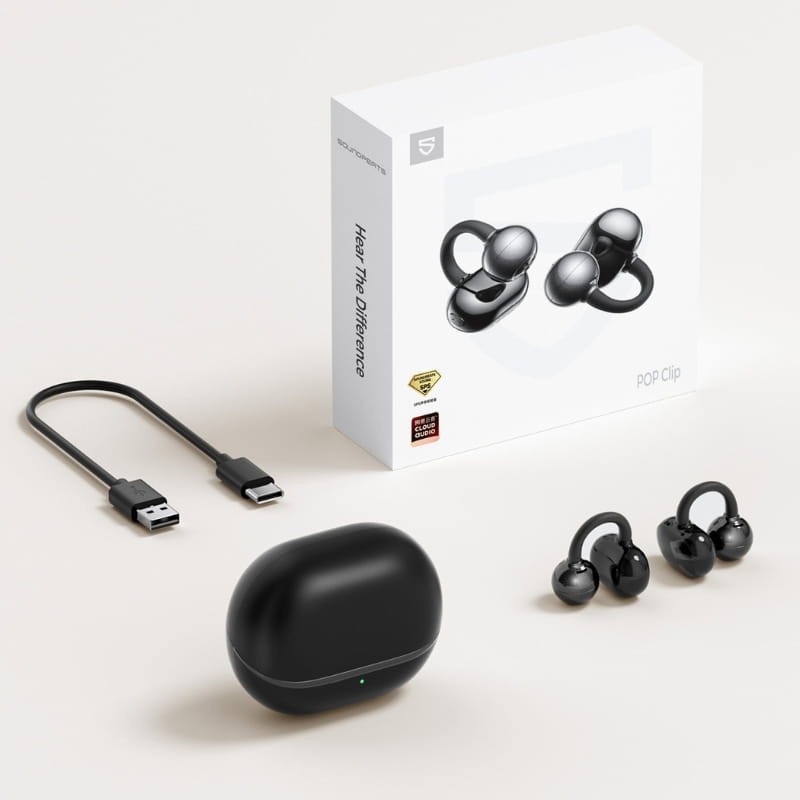 SoundPEATS POP Clip TWS Morado con estuche ovalado negro, auriculares intrauditivos con aletas de sujeción, cable USB‑A a USB‑C y caja del producto visible