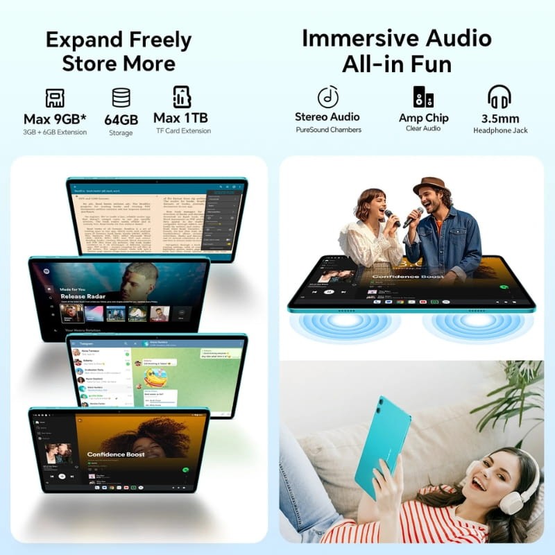 Teclast P33 10,1 3GB/64GB WiFi - capacidade de memória e saída de áudio