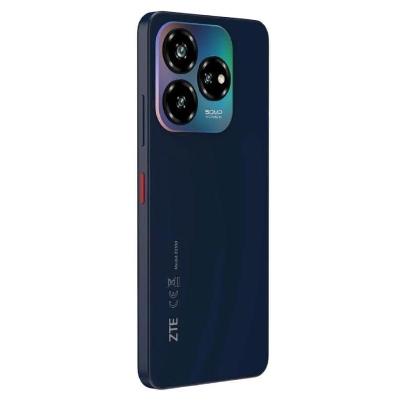 ZTE Blade V60 Vita 4GB/254GB Azul com traseira fosca azul escura, módulo de câmera quadrado iridescente e três lentes grandes, botão lateral vermelho