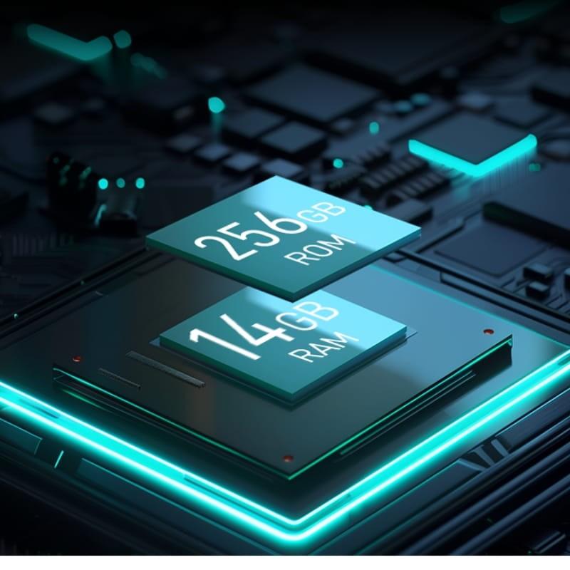 ZTE Blade V60 Vita azul com destaque para 256GB ROM e 4GB RAM em módulo de chip iluminado por LEDs turquesa sobre placa eletrônica preta