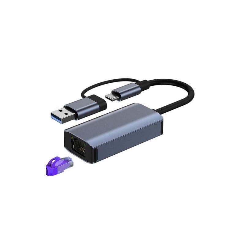 Frontale de Adaptateur BYL-2207 2 en 1 USB 3.0+Type-C vers RJ45 Gris