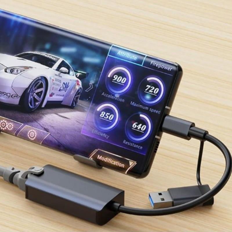 Adaptable Adaptateur BYL-2207 2 en 1 USB 3.0+Type-C vers RJ45 Gris