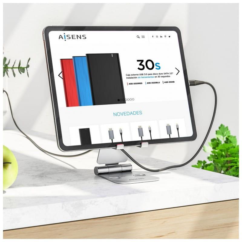 Aisens hasta 11 pulgadas Plata - Soporte para Tablet/Smartphone, gran orificio en la parte posterior