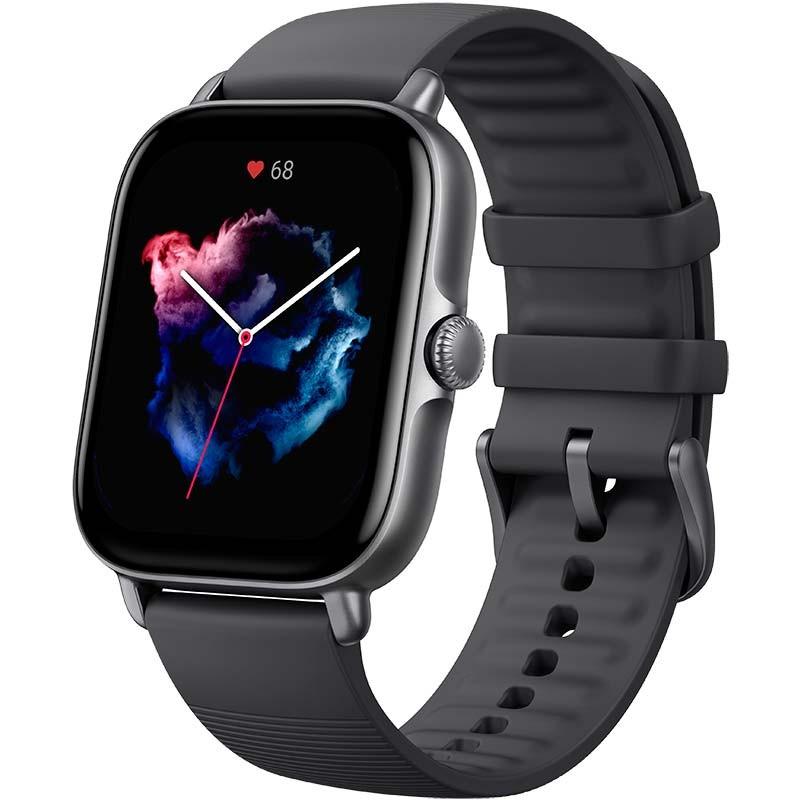 vista frontal y lateral derecho del Reloj Inteligente Amazfit GTS 3 Graphite Black