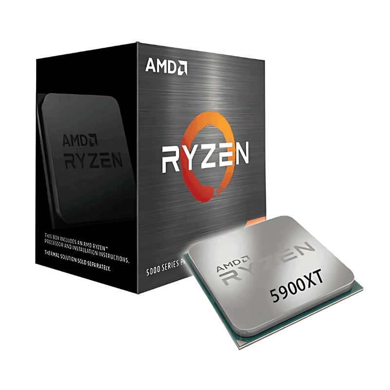 Procesador AMD Ryzen 9 5900XT 3.3 GHz junto a su caja