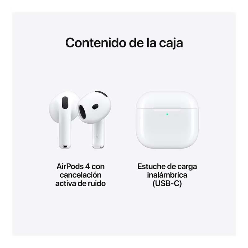 contenido del embalaje de los Apple AirPods 4 con Cancelación Activa de Ruido