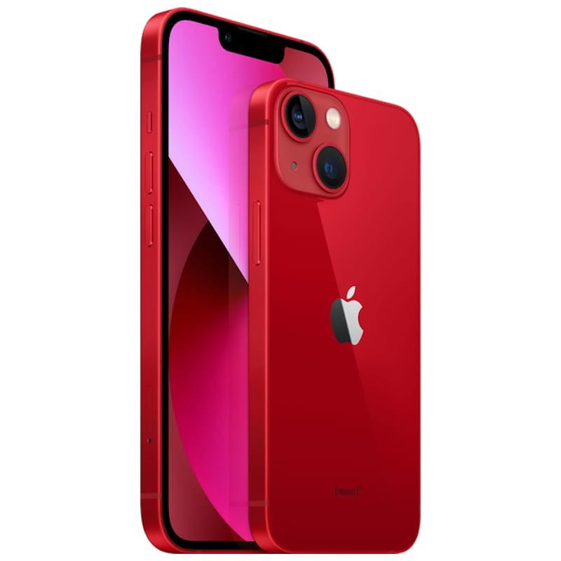 iPhone 13 mini 256GB rojo brillante renovado en excelente estado, doble cámara trasera con lentes diagonales, pantalla OLED con notch y bordes rectos