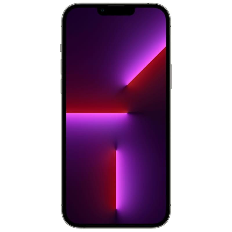 iPhone 13 Pro Max 128GB grafito renovado excelente estado; pantalla OLED grande con notch, bordes de acero pulido y frente sin botones, acabado grafito elegante