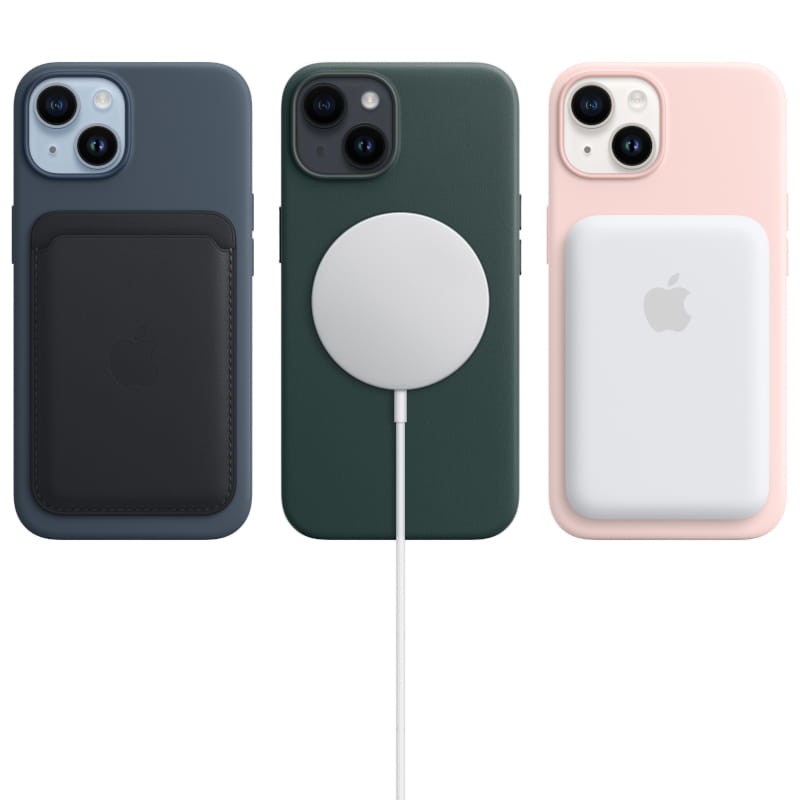 Coques iPhone 14 avec accessoires MagSafe: porte-cartes noir, chargeur circulaire blanc, batterie externe blanche. Couleurs bleu, vert, rose pastel.