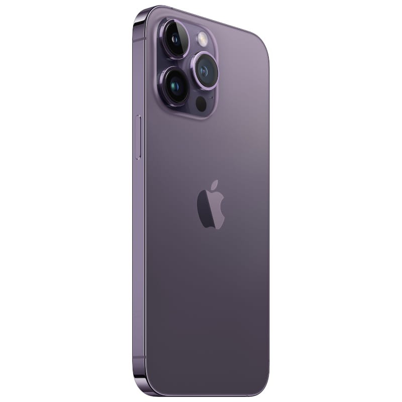 iPhone 14 Pro Max morado oscuro, 128GB, renovado en estado excelente; triple cámara trasera, borde plano metálico y acabado premium brillante