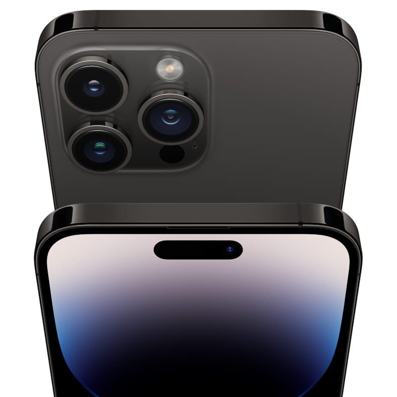 iPhone 14 Pro Max 128GB Negro Espacial renovado, estado premium; cámaras traseras triples con flash, bordes pulidos y pantalla con Dynamic Island