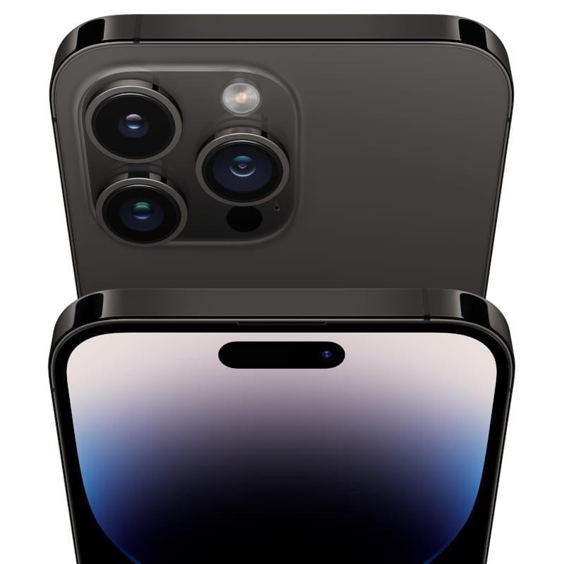 iPhone 14 Pro Max 128GB Preto Sideral, renovado em excelente estado; módulo triplo de câmeras proeminente e tela com Dynamic Island, bordas em alumínio