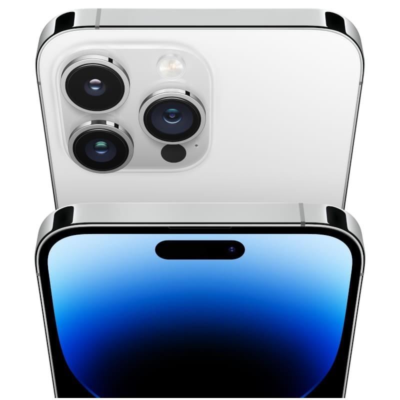 iPhone 14 Pro Max plata renovado, 128GB. Módulo triple cámara con flash, bordes de acero pulido y pantalla OLED con Dynamic Island azul.