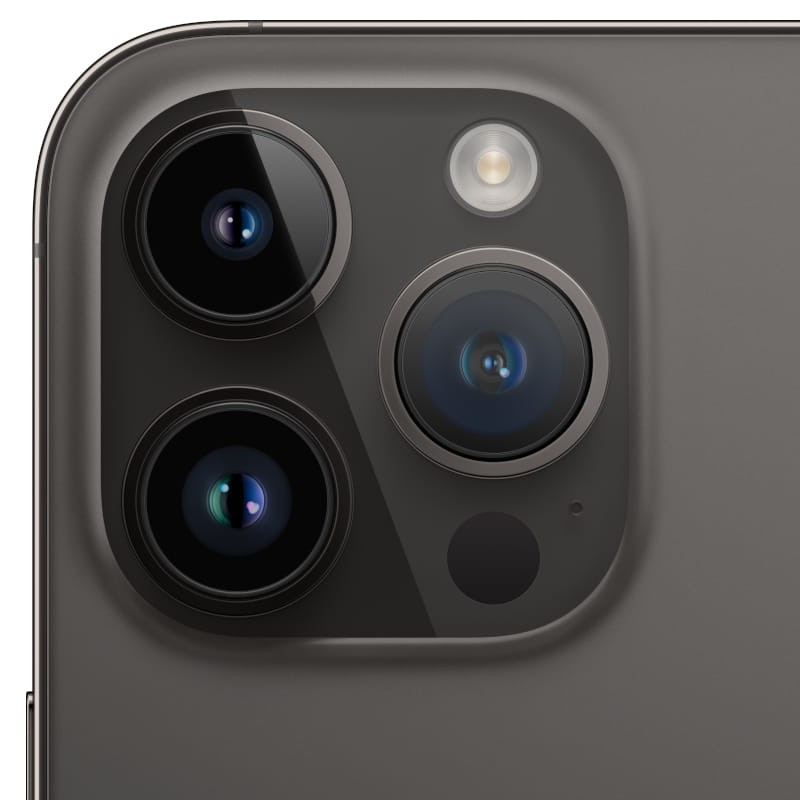 Módulo de cámaras del iPhone 14 Pro Negro Espacial: triple lente grande con flash y sensor LiDAR, acabado mate premium, bordes pulidos. Renovado excelente.