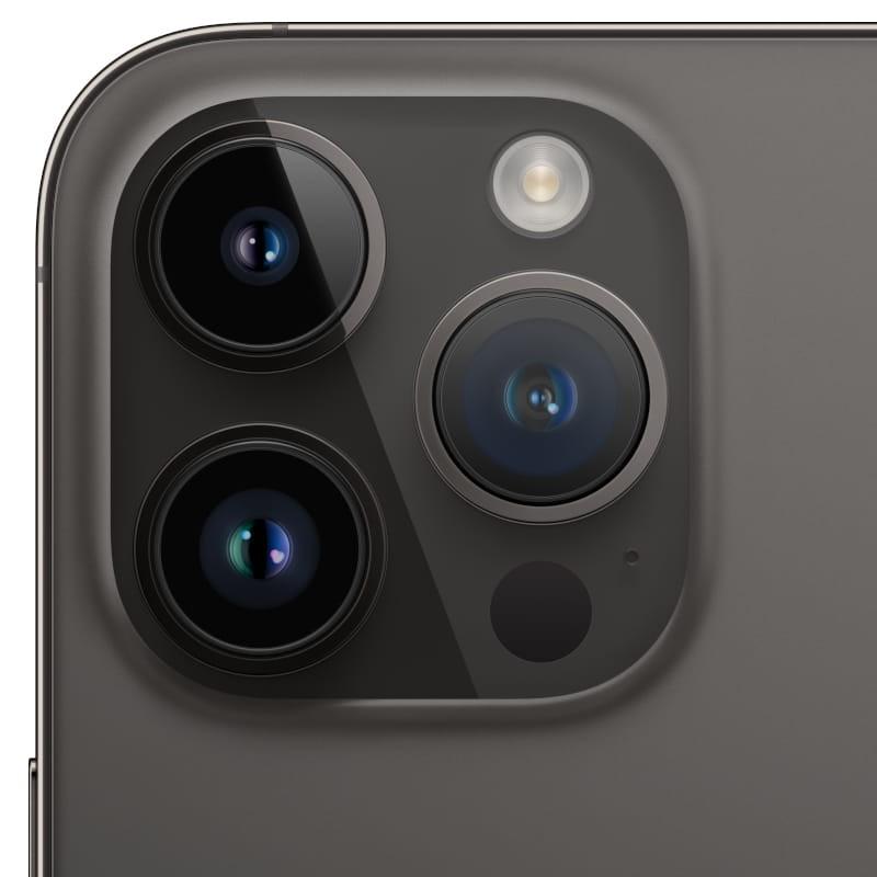 Módulo de cámaras del iPhone 14 Pro Negro Espacial: triple lente grande con flash y sensor LiDAR, acabado mate premium, bordes pulidos. Renovado excelente.