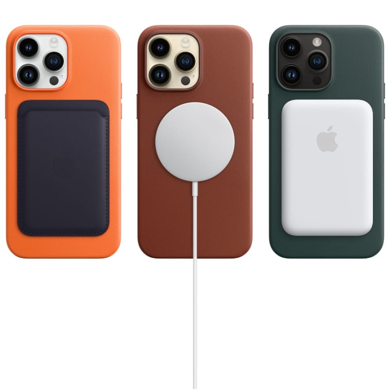 Étuis MagSafe pour iPhone 14 Pro: cuir orange, brun et vert, modules magnétiques (porte-cartes, chargeur, batterie) alignés, caméra triple visible.