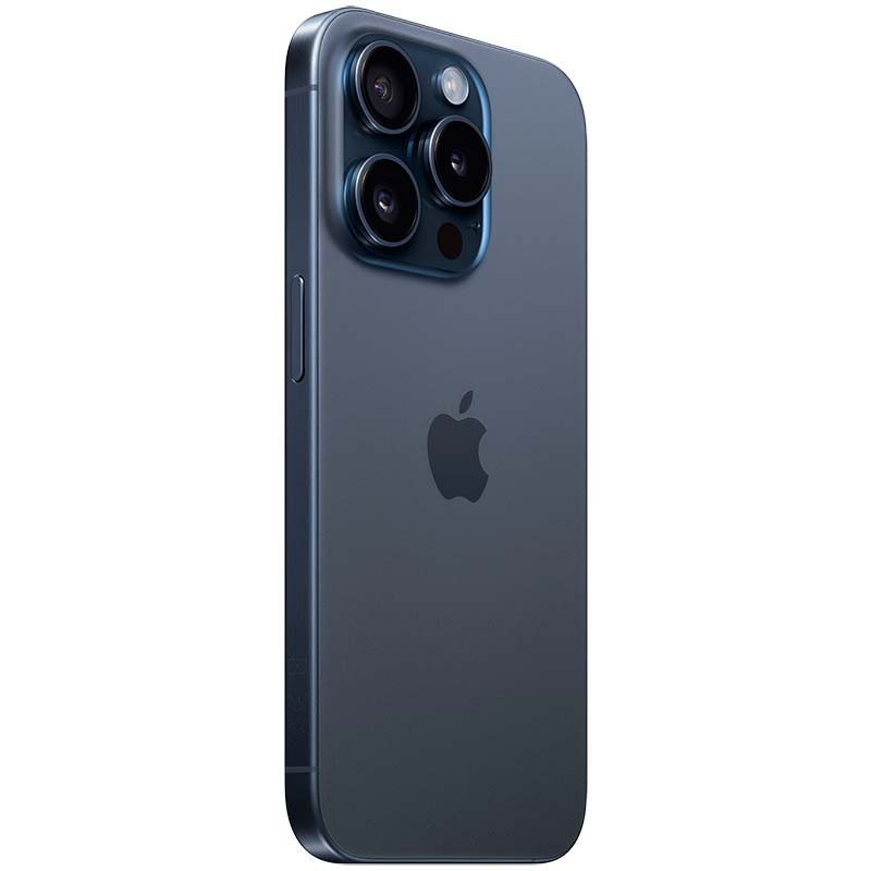 iPhone 15 Pro 5G 256GB em titânio azul, acabamento fosco. Traseira com três câmeras grandes e flash, bordas planas e logotipo Apple central. Renovado.