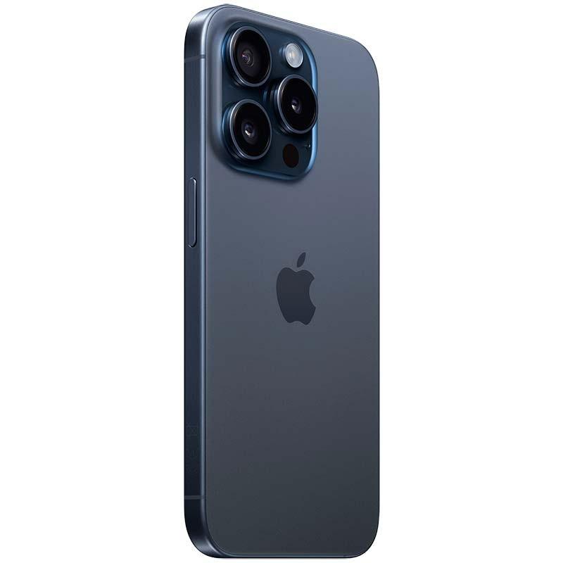 iPhone 15 Pro 5G 256GB em titânio azul, acabamento fosco. Traseira com três câmeras grandes e flash, bordas planas e logotipo Apple central. Renovado.