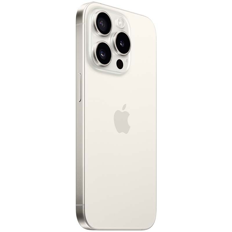 iPhone 15 Pro 5G 256GB renovado en titanio blanco; trasera lisa con logo Apple y triple cámara grande con flash, bordes planos y acabado premium