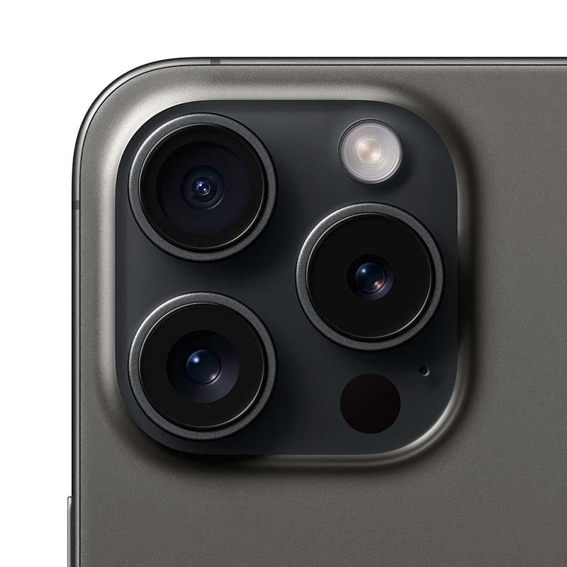 Module photo iPhone 15 Pro Titane Noir: triple capteur grand angle, téléobjectif et ultra‑grand‑angle, flash LED et LiDAR, finition mate premium.