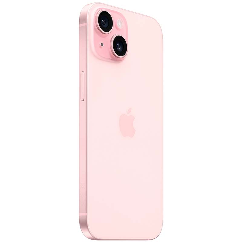 iPhone 15 5G 256Go rose, coque rose pâle avec double caméra arrière et logo Apple, bords arrondis, reconditionné en excellent état.