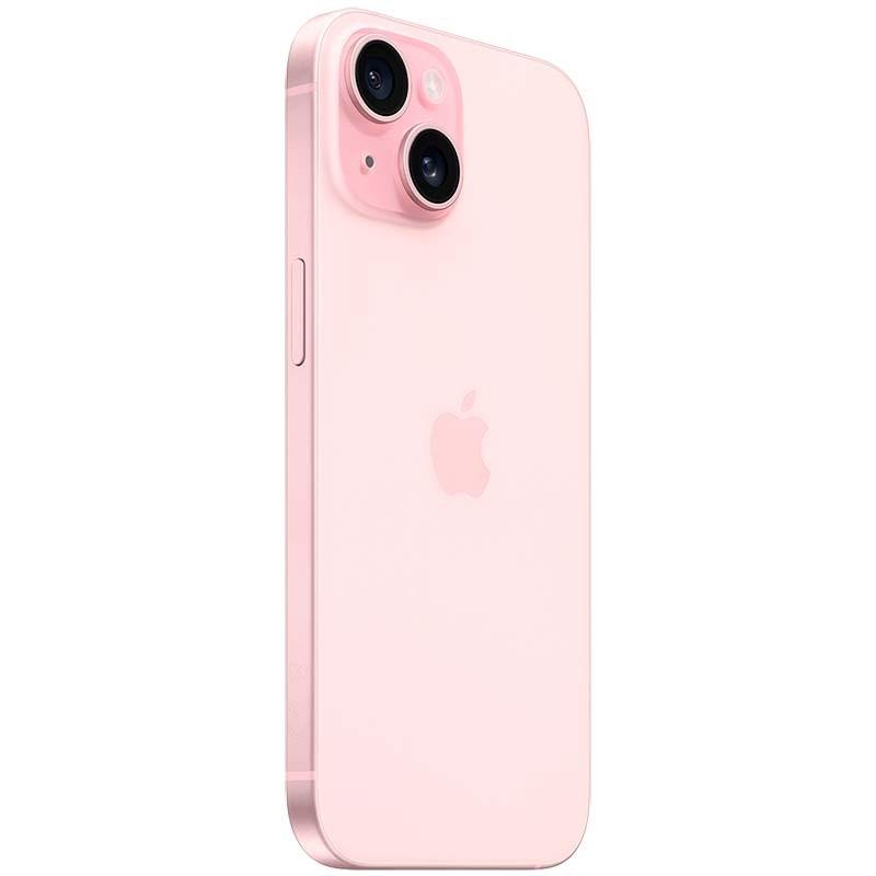 iPhone 15 5G 256Go rose, coque rose pâle avec double caméra arrière et logo Apple, bords arrondis, reconditionné en excellent état.