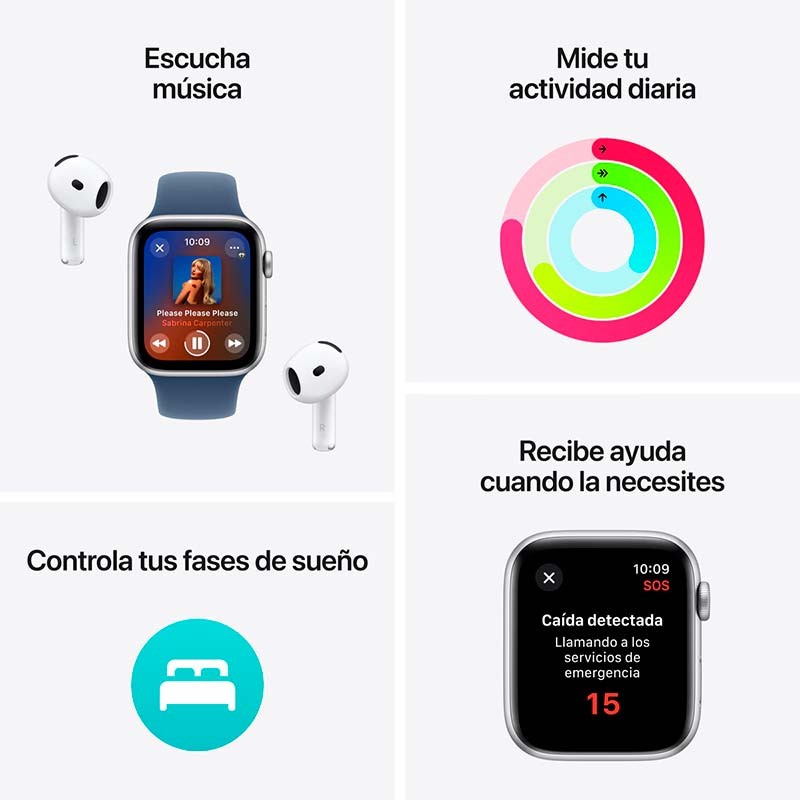 Apple Watch SE (2024) GPS 40mm Argent avec Bracelet Sport Bleu S/M - caractéristiques principales