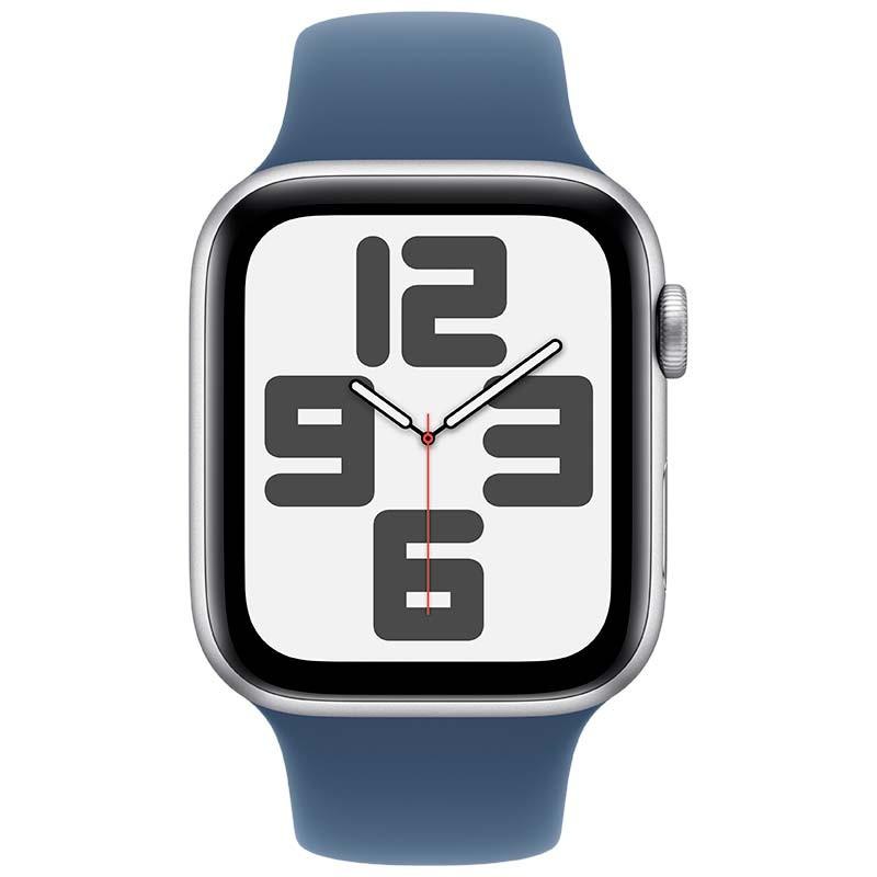 Apple Watch SE (2024) GPS 44mm Argent avec Bracelet Sport Bleu S/M - vue de face