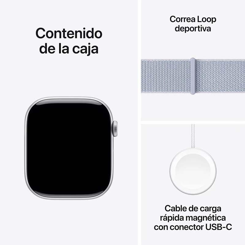 Apple Watch Series 10 GPS 46mm Aluminio Plata con Correa Loop deportiva Azul Nube - contenido del embalaje