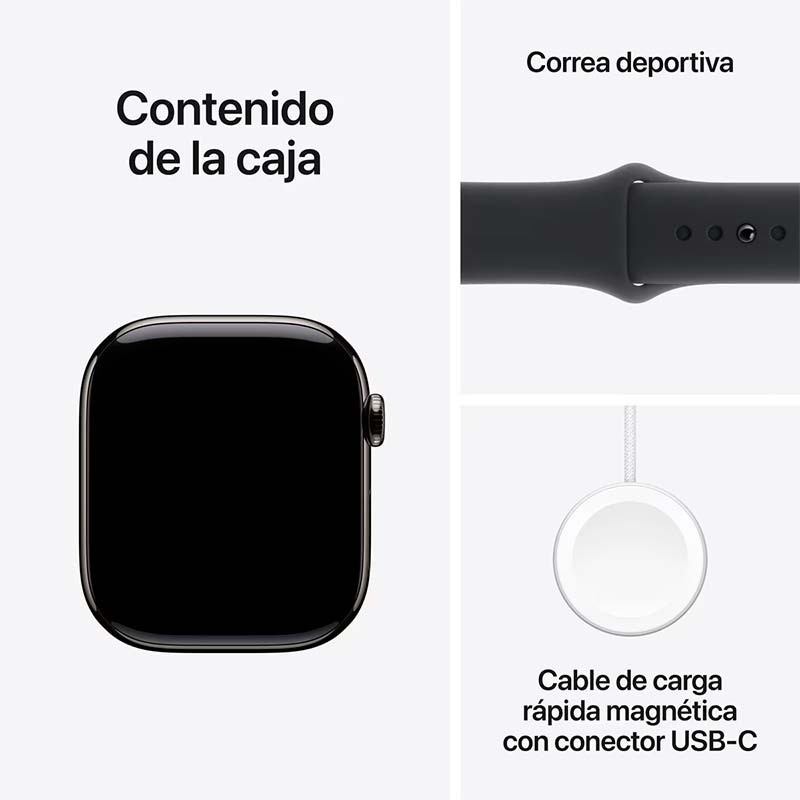 contenido del embalaje del Apple Watch Series 10 GPS + Cellular 42mm Titanio Pizarra con Correa Deportiva S/M