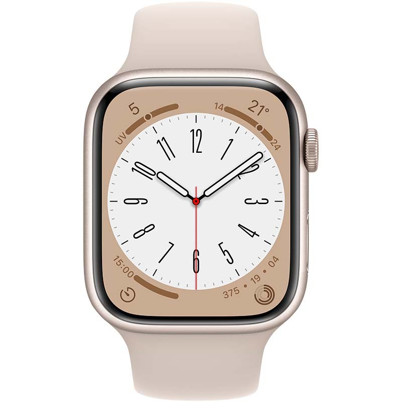 vista frontal del Apple Watch Series 8 GPS+Cellular 45mm Aluminio con Correa Deportiva Blanco Estrella